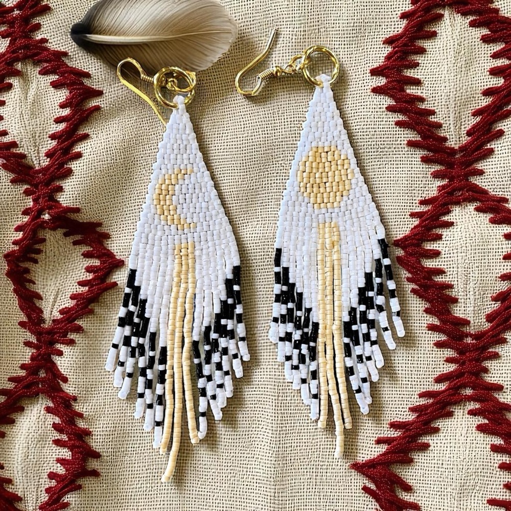 Boho Beaded Earrings: Sun Moon Pale Yellow White Black Handbeaded